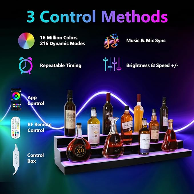 Led Lighted Liquor Bottle Display Shelf, 30 Inch 3 Tier Whiskey Rack, Support USB, Bar Stand with RF Remote & App Control, Illuminated Acrylic Lighting Shelves for Home Bar, Party