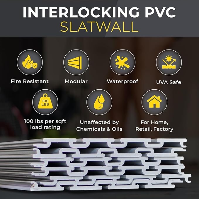 DLDIRECT 96" X 48" - Slatwall Panel Garage Organizer: Heavy Duty Wall Mounted PVC Rack, Interlocking Slat Paneling for Garage Storage, Slotwall Board, Shelves System