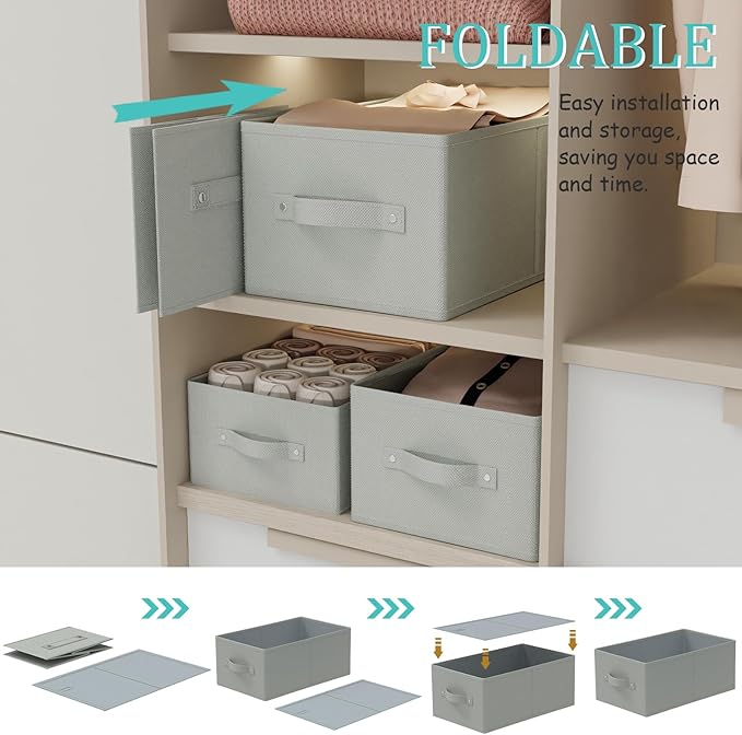 Foldable Closet Organizer, 3 Pack Cube Storage Bin, Clothes Basket for Shelves with 2 Handles, Saving Space, Grey, 18.5 x 11 x 7.9 In, XSNY11GL-3