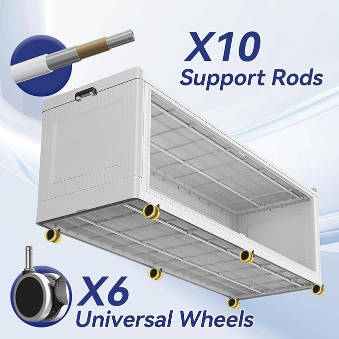 150 Gallon Extra Large Collapsible Storage Bin with Lid, 960QT Stackable Plastic Organizer with 6x Wheels, Foldable Drawer Cabinet for Closet, Living Room Office, Kitchen 3Pack, White