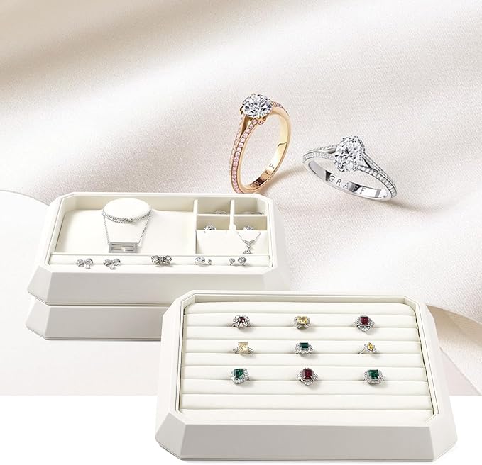 PU Leather Jewelry Display Tray Stackable Jewelry Tray Flat Organizer for Ring Necklace Trade showcase(Beige)