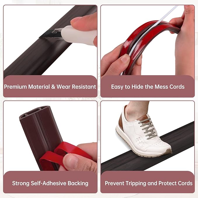 Floor Cord Cover Self Adhesive Cord Hider Floor Extension Cord Covers for Floor Power Cord Protector Cable Management Prevent Cable Trips Cable Cavity 0.51" W x 0.31" H (Dark Walnut, 10Ft)