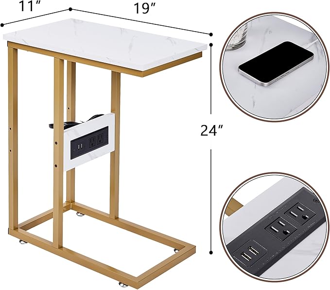 VECELO C Shaped End Side Table with Charging Station & Power Outlets for Couch Sofa/Bed, Snack TV Tray with Metal Frame for Living Room Bedroom 1 PCS Gold
