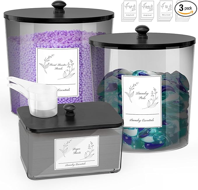 3 Pack Laundry Powder Container & Dryer Sheet Holder, Plastic Laundry Room Organization and Storage Jars with Lids, Labels & Scoops for Powder, Detergent, Scent Booster (Black)