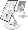 AboveTEK Tablet Stand Holder, Stylish Aluminum iPad Stands, Foldable 360° Swivel iPad iPhone Table Stand Holder fits 4-11" Tablets/Smartphones for Kitchen Bedside Office POS Showroom Reception (White)