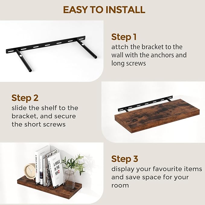 32 Inch Floating Shelves for Wall Set of 2, Rustic Wood Wall Mounted Floating Shelf for Bathroom, Bedroom, Kitchen, 9.3 Inch Deep Shelves Invisible Brackets for Books|Storage|Decor, Rustic Brown