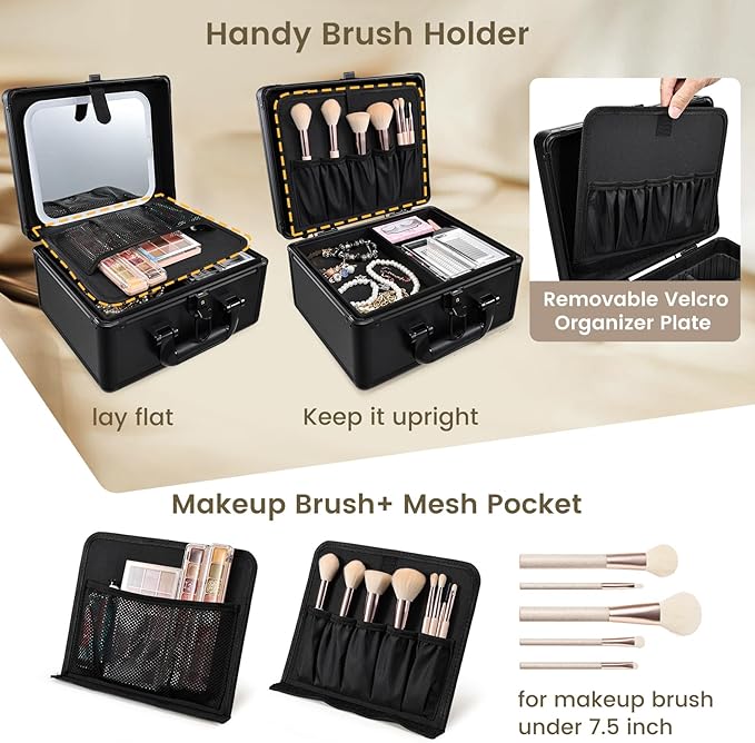Makeup Case with Lighted Vanity Mirror, Makeup Organizer Box Travel Make up Case with LED Mirror Portable Cosmetic Train Case for Countertop Lockable Makeup Suitcase with Adjustable Dividers