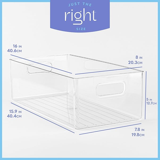 primebox Plastic Food Storage 2 Pack Clear Container Bin with Handles for Organizing Kitchen, Pantry, Refrigerator, Freezer, Pantry, Cabinet, Closet, Bathroom. 16”x8”x5”