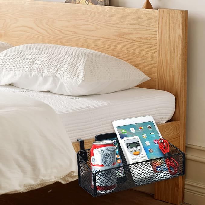 Bedside Caddy Shelf Hanging Storage Basket for Bunk Bed and Office Cubical Walls,Baby Bed Rails,College Dorm Bed Organizer - 5 Pairs Sized Hooks-for Phone Glass Magazine Decor (White)