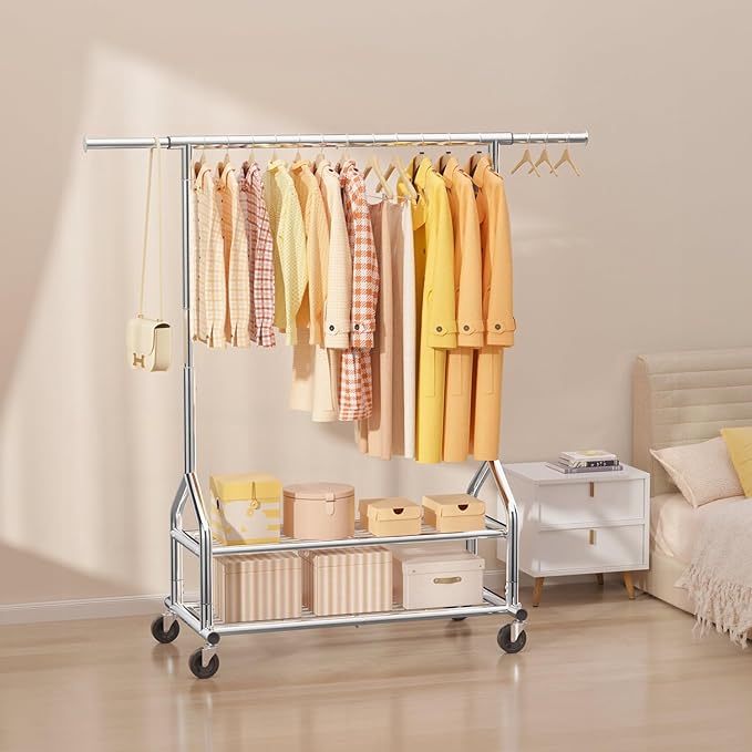 EAGMAK Heavy Duty Clothes Rack Load 556 LBS, Rolling Clothing Rack With Shelves, Height Adjustable Metal Clothes Hanger with Wheels Portable Wardrobe Organizer Garment Rod for Hanging Clothes (Silver)