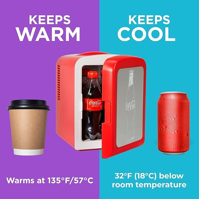 Coca-Cola 4L / 6-Can Mini Fridge with Multi-Color LED Light – Portable Thermoelectric 12V DC/110V AC Quiet Cooler/Warmer for Bedroom, Office, Car, Gaming Room, Mini Refrigerator for Drinks & Skincare