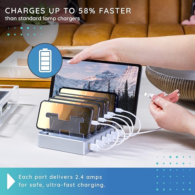Charging Station for Multiple Devices, with 6 USB Fast Ports, Compatible with Cell Phones, Smart Phones, Tablets, and Other Electronics (Silver)