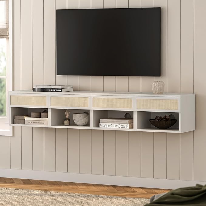 Rattan Floating Nightstands Set of 2, Wall Mounted End Table with Drawer and Open Compartment Modern Wood Bedside Night Stand Storage Cabinet for Bedroom Living Room, Antique White