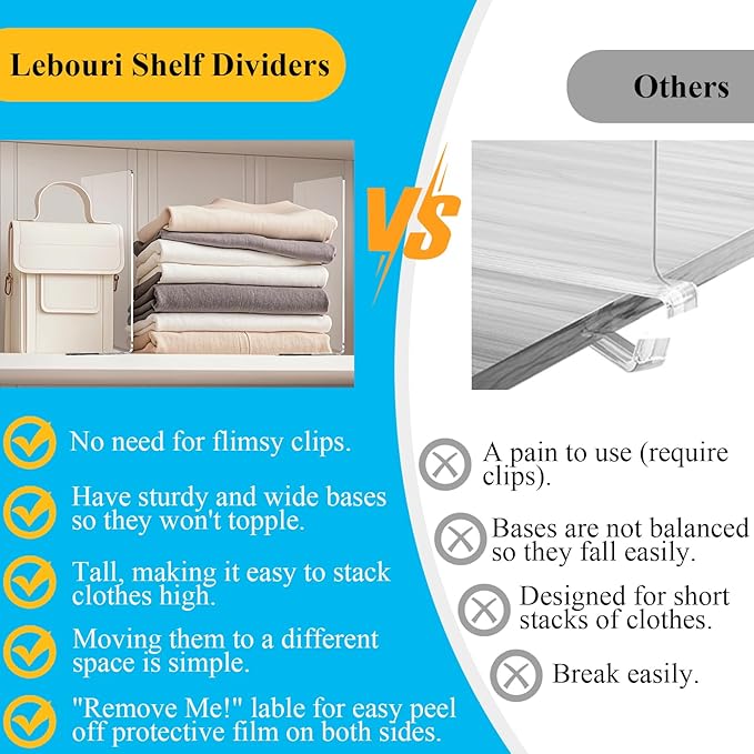 Acrylic Shelf Dividers for Closet Organization: 10" Tall x 12" Deep Closet Shelf Divider for Clothes Sweater Purse - Clear Closet Organizers and Storage Separators for Shelves, 7Pack