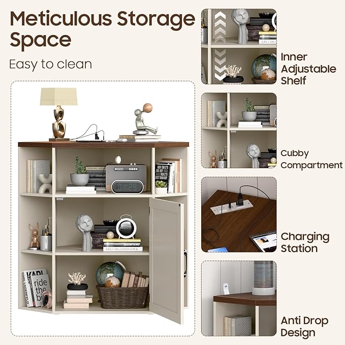 Corner Storage Cabinet, Farmhouse Corner Bookshelf with Storage 6-Cubby Wooden Cabinet with USB Ports and Outlets Industrial Organizer for Small Space, Study, Playroom, Living Room