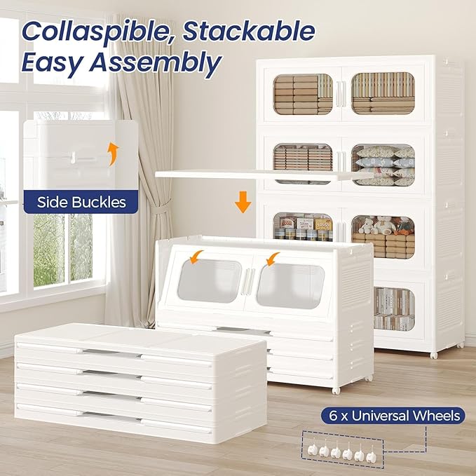 150GAL Extra Large Storage Bins with Lid, 600QT Storage Bins with Wheels, Folding Closet Organizer, Stackable Collapsible Plastic Storage Containers for Home, Office, Kitchen, 3Pack White