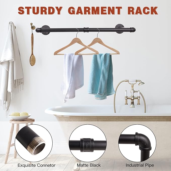 Wall Mounted Clothes Rack - 54"Industrial Pipe Clothing Garment Rack, Space - Saving Heavy Duty Detachable Black Iron Clothes Hanger Pole, Multi-Purpose Hanging Rod for Closet Storage, 2 Base