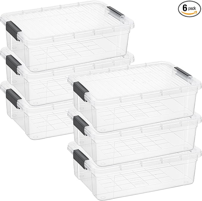 Superio 6 Pack Clear Plastic Storage Container with Lid Home - 13.7 Qt, Office Organizer Storage Bin, Stackable, For Closet, Under the Bed, or Locker, Use for Clothes, Food, Toys, Supplies, Linen.
