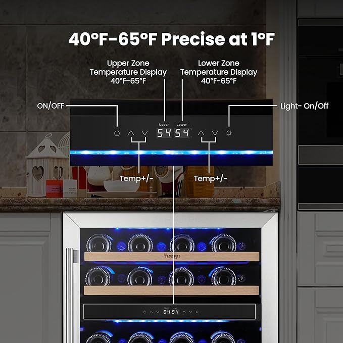 Yeego Wine Fridge Cooler - 24 Inch Dual Zone Wine Fridge Hold 47 Bottles, 40-65°F Wine Refrigerator Glass Door, Built in, Freestanding Under Counter Fridge for Beer Soda Drink Home Bar Office