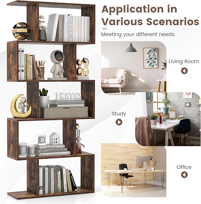 5-Tier Geometric Bookcase Set of 2, 62.5” Freestanding Room Divider Bookshelf with Open Display Shelves & Anti-tip Device, Wood S-Shaped Storage Organizer for Living Room, Bedroom & Home Office