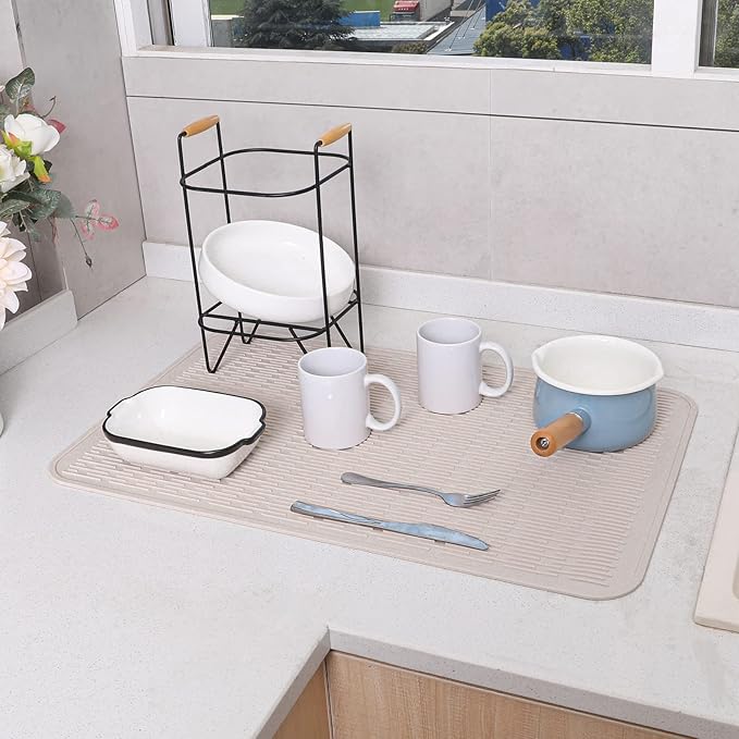 Silicone Dish Drying Mat for Multiple Usage,Easy clean,Eco-friendly,Heat-resistant Silicone Mat for Kitchen Counter or Sink,Refrigerator or Drawer Liner Tapioca 3XL 28 inches x 18 inches
