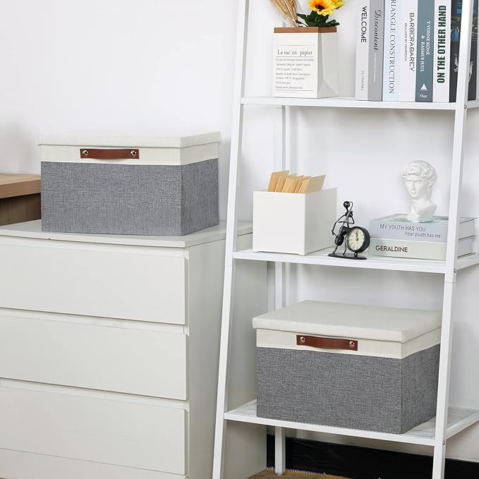 Temary Collapsible Storage Bins Storage Boxes with lid, 2 Pack Storage Baskets with Lid Organizing Clothes, Decorative Organizer Bins with Handles (White&Gray, 15x11x9.5inch)