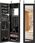 COSTWAY Full Length Mirror Jewelry Cabinet, Wall Door Mounted Jewelry Organizer with Makeup Mirror, Ring Slots & Necklace Hooks, Large Storage Jewelry Armoire for Bedroom, Dressing Room (Black)