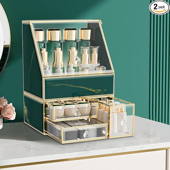 Makeup Organizer Countertop,Green Makeup Organizer with Drawer, Skincare Holder for Bathroom Countertop,Cosmetic Display Case for Dresser.