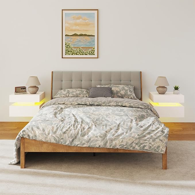 Floating Nightstand Set of 2,Modern Bedside Tables with LED Light for Bedroom,Small Night Stands with Drawers, Wall Mounted End SideTables Set for Living Room
