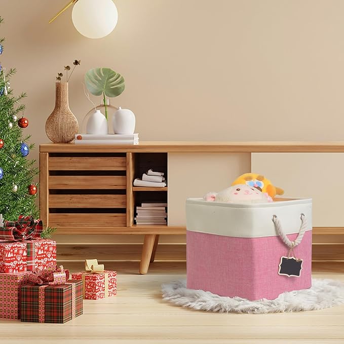 storage cubes 11x11x11[6 Pack],Fabric Storage Cubes with Rope Handles, Eco-Friendly Linen Collapsible Organizers for Closet, Nursery, Toys, Office, Bathroom – Dual Color Design.(White&Pink)