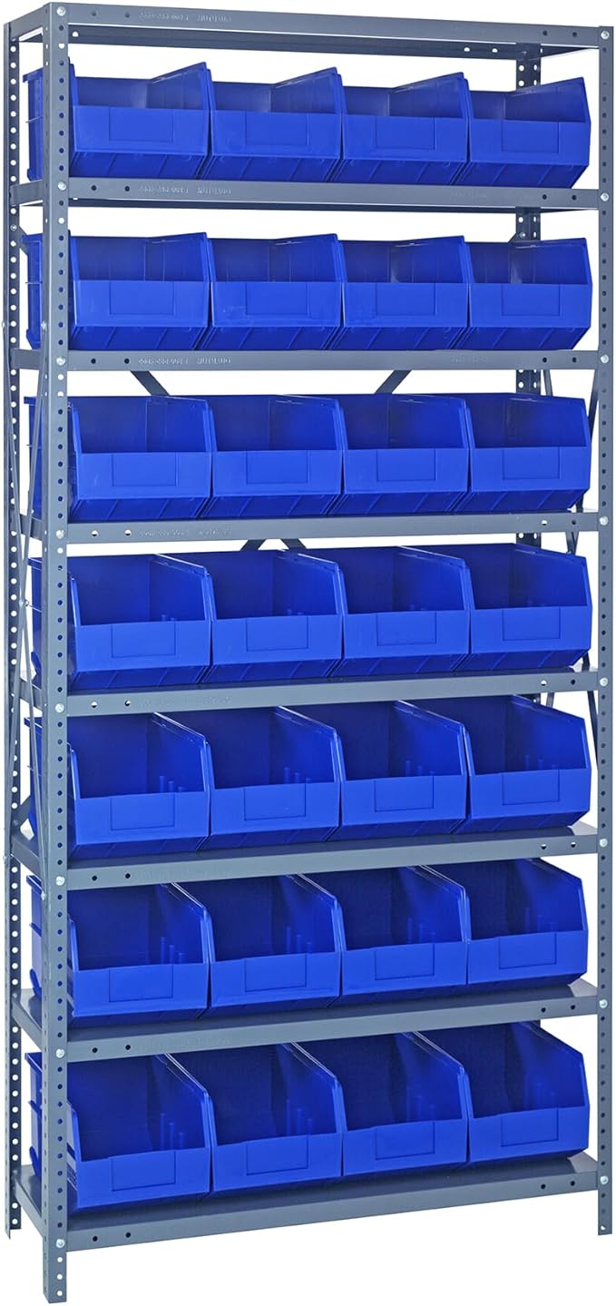 QUANTUM STORAGE SYSTEMS 2475-483BL Solid Heavy Duty 8 Shelves 28 Stackable Shelf Bins Blue Bins 75" H x 36" W x 24" D