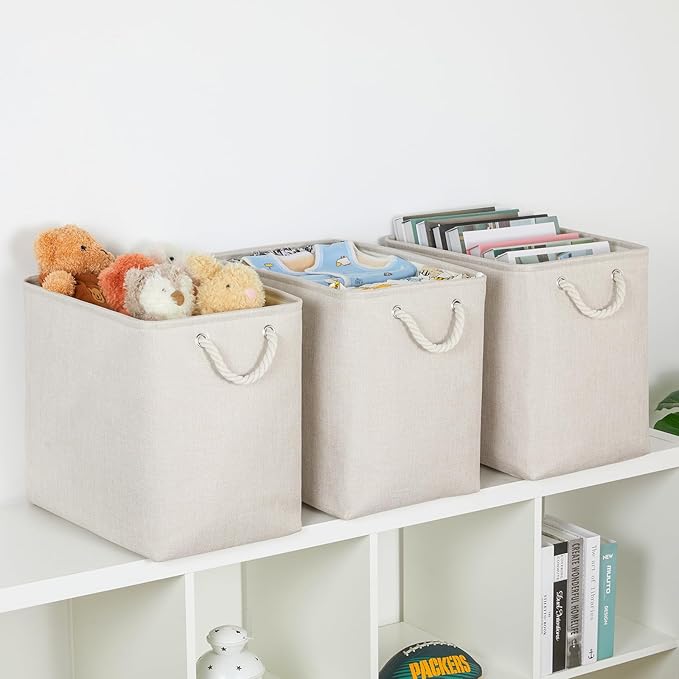 Bidtakay Extra Large Storage Baskets for Organizing Clothes Storage Bins 3 Pack Fabric Storage Bins for Shelves Linen Collapsible Organizer for Closet-Light Biege