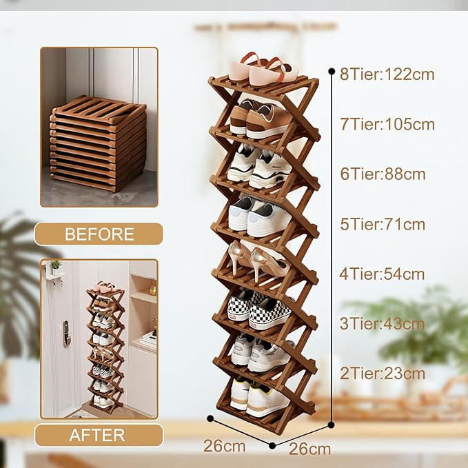 Comeon Bamboo Shoe Rack, Foldable Vertical Shoe Rack for Front Door Entrance Narrow Shoe Organizer Small Shoe Shelf for Entryway Shoe Storage Closet Multi-Tier (Brown Colors,4 Layers)