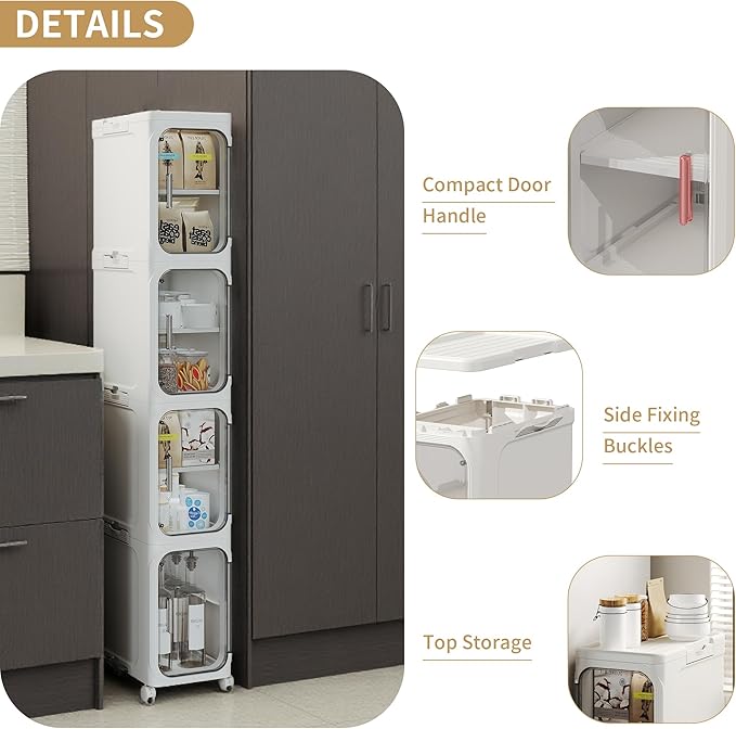 5-Tier Tall Narrow Storage Cabinet, Slim Bathroom Storage Cabinet with Adjustable Shelves and Wheels, Narrow Organizer for Small Space, Bathroom, Kitchen, Laundry