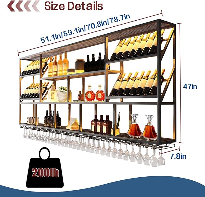 3 Tier Large Wine Rack Wall Mounted with Glass Holder, Black Modern Iron Liquor Shelf, 51.1 Inch Large Wine Bottle Display Shelf, for Kitchen Dining, Home Bar, Cellar (51.1" W)