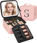 Relavel Initial Makeup Bag with LED Mirror for Women Girls, Personalized Travel Cosmetic Organizer Train Case, Birthday Gifts for Grandkids Bridesmaid Graduation Teacher Friends, Trendy Stuff, Pink S