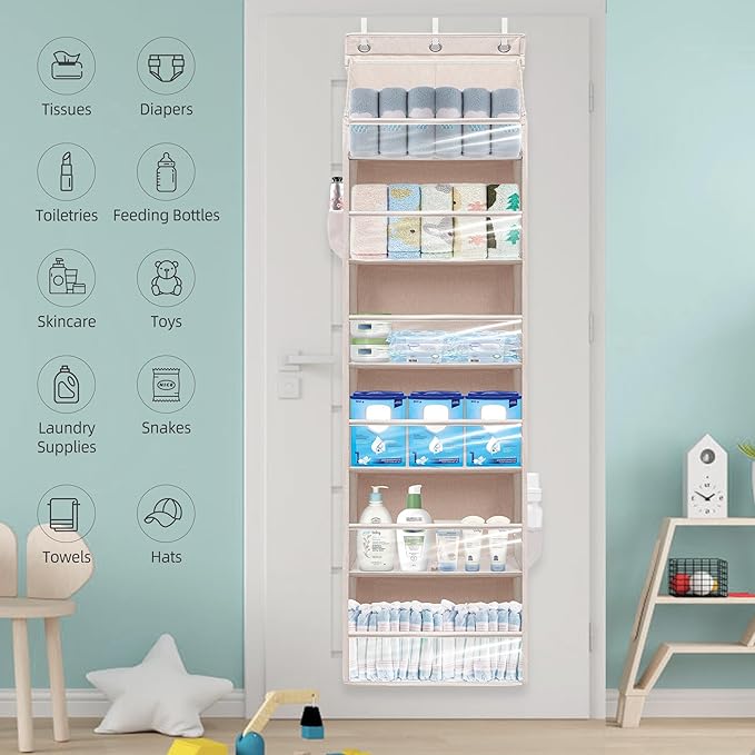 Over Door Organizer with 6 Extra Large Pockets 12 Side Pockets, Sturdy Closet Storage Rack, Hanging Storage Organizer with Clear Window for Shoes, Diapers, Toys, Bedroom, Bathroom, Beige