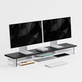 Dual‑Tier Monitor Stand for Modern Desk Setup – Minimalist Wooden and Metal Riser Shelf with Transparent Acrylic Feet for Dual Monitors, Laptops, Home Office Aesthetic，Black and White