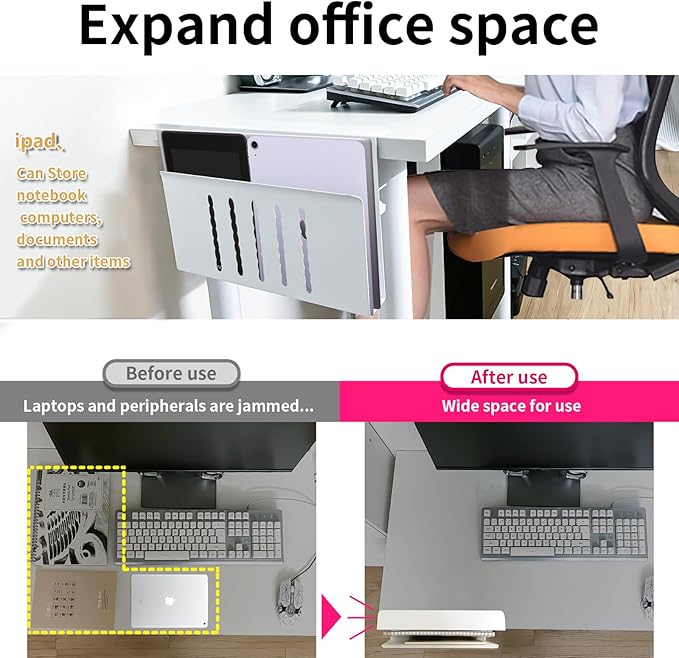 Desk Side Storage, Under Desk Storage, No Drill Steel Hanging Desk Organizer, Laptop Holder, Table Hanging Storages Holder for Office & Home (White)