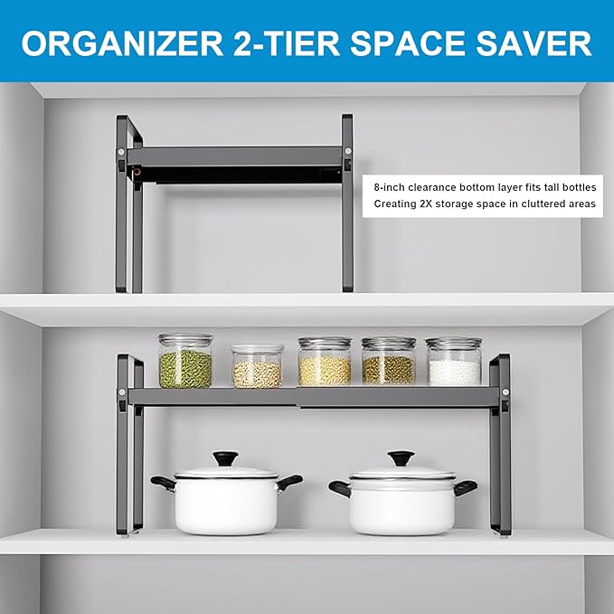 Expandable Cabinet Shelf Organizer 14-25 Inch Adjustable Length, 11" Wide 2-Tier (8" Bottom Layer) Metal Storage Rack for Kitchen Pantry, Under Sink Countertop - Heavy Duty Black(2 Pack)