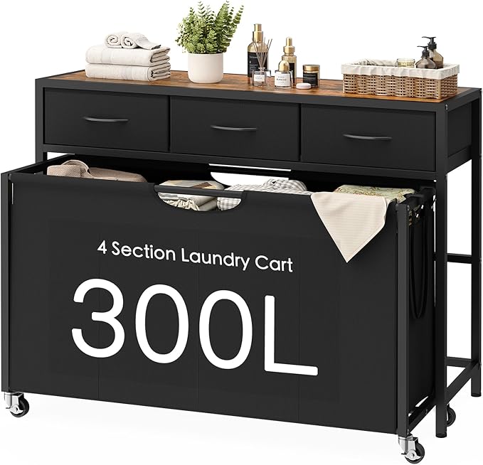 Laundry Sorter, Rolling Laundry Hamper with 4 Section Pull-Out Bags, 300L Large Laundry Basket Organizer with 3 Drawers, Laundry Hamper with Wheels for Laundry Room Organization, Bathroom, Bedroom