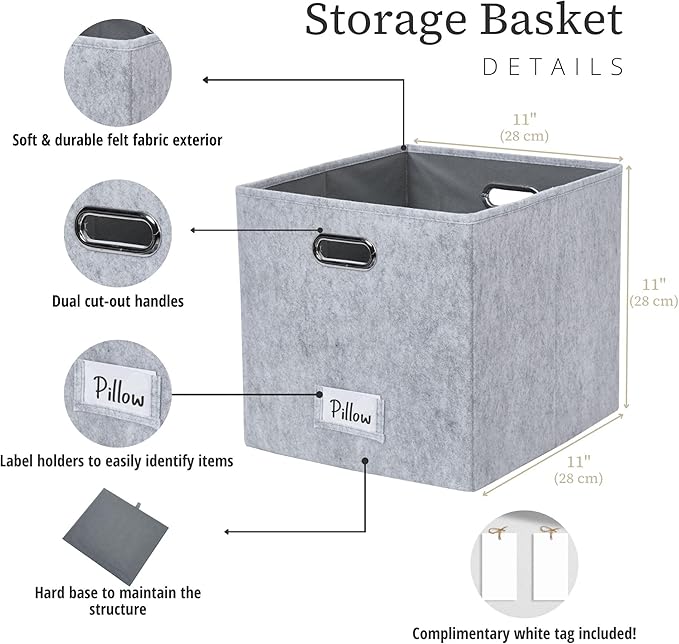 DECOMOMO Felt Storage Bins, 11 inch Cube Storage Bin with Labels for Shelves Kallax (Cube 11" / 6pcs, Light Grey)