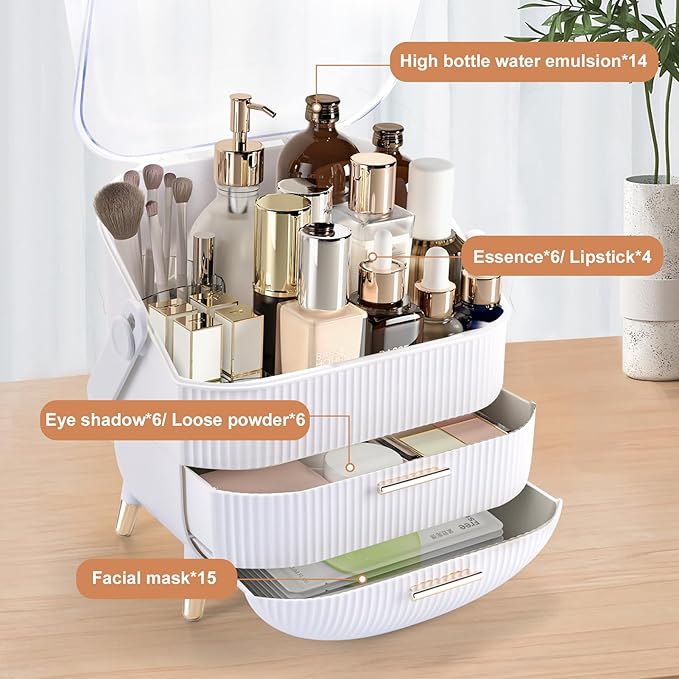 Makeup Organizer for Vanity, Make up Organizers and Storage, Cosmetics Skincare Organizers with Lid and Drawers, Cosmetic Display Cases for Countertop, Bathroom, Dresser, Ideal Gifts for Women(White)