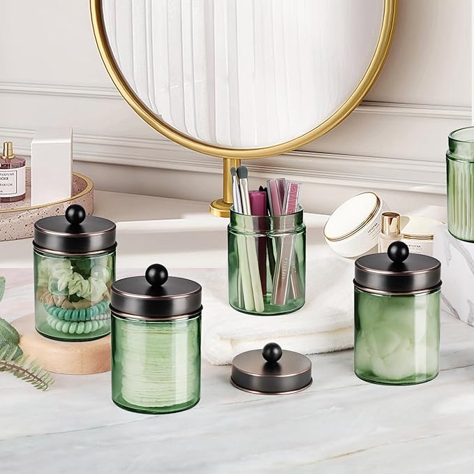 Amolliar Sage Green Apothecary Glass Jar With Metal Lid & Stickers, Bathroom Qtip Holder Storage Canister, Farmhouse Decor for Cotton Balls, Cotton Swabs, Makeup Pads, Bath Salt, Floss,ORB 1 Pack