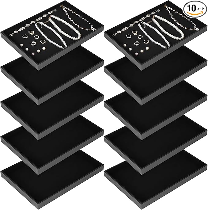 10 Pcs Velvet Stackable Jewelry Tray Showcase Display Jewelry Organizer Tray for Drawers Countertop, Empty Plate for Necklace, Ring, Bracelet Organizing, and Earring Storage Display (Black)