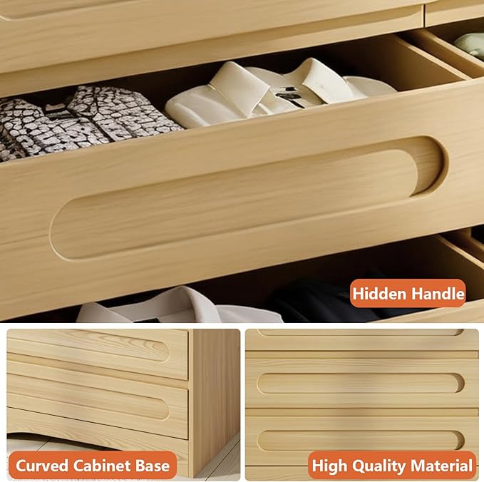 Wood Dresser, Modern 6 Drawers Dressers & Chest of Drawers with Pre-installed Slide&Curved Profile Design, 47" Wide Closet Clothes Storage Dressers Organizer for Bedroom Living Room Hallway, Oak