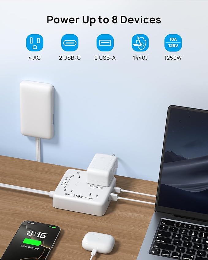 TROND Flat Plug Power Strip with Outlet Cover - 3ft Extension Cord with Multiple Outlets and 4 USB Ports, Mountable Surge Protector Outlet Concealer, Kitchen Home Improvement for Hide Messy, White