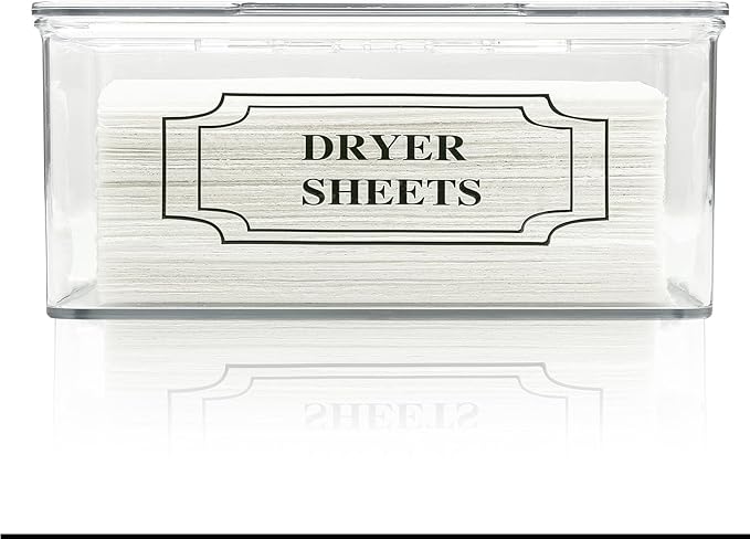 SSTATES Clear Acrylic Dryer Sheets Holder, Flip-top Laundry Pods Container with 2 Label Decals for Laundry Room Organization and Décor, Stackable Storage Box (1 Pc)