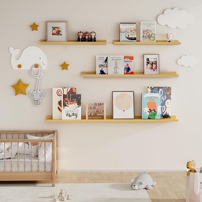 Fun Memories Picture Ledge Shelf for Wall, Floating Shelves Set of 4, 48 Inch Long Nursery Book Shelves for Toys Storage, Kids Bookshelf Wall Mounted for Books Photo Frames, Oak