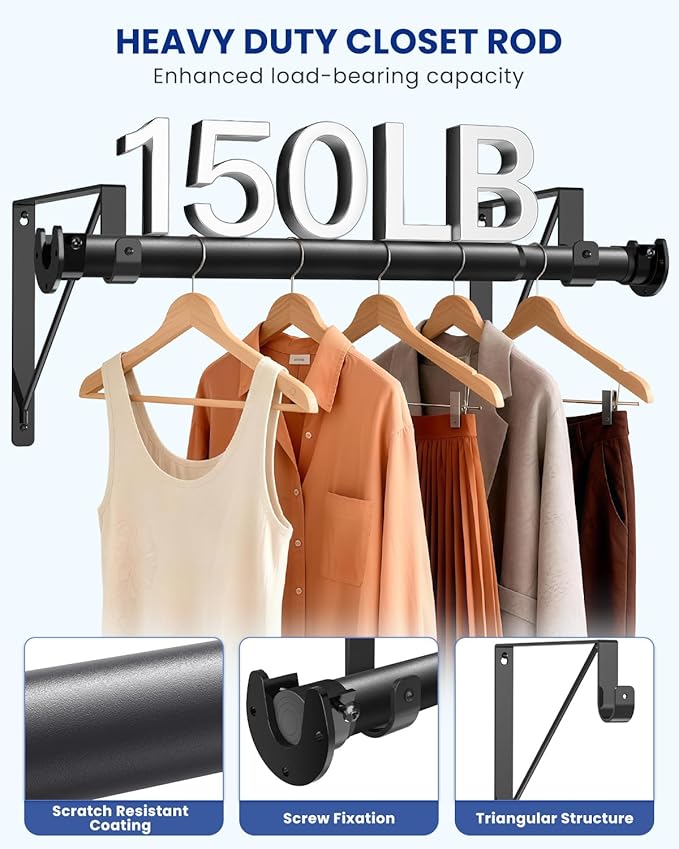Closet Rods for Hanging Clothes with Triangular Brackets, 17 to 69 Inches Stepless Adjustable Closet Rod, 1.3 Inch Heavy Duty Closet Rod for Closet Wardrobe Laundry RV (Without Board/Black)